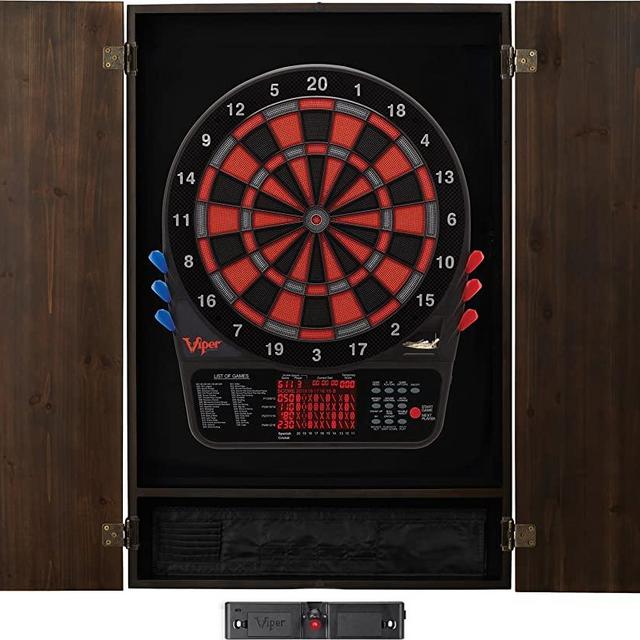 Viper Metropolitan Solid Wood Cabinet & Electronic Dartboard Ready-to-Play Bundle with Two Sets of Soft-Tip Darts and Integrated Storage in Multiple Stain Options
