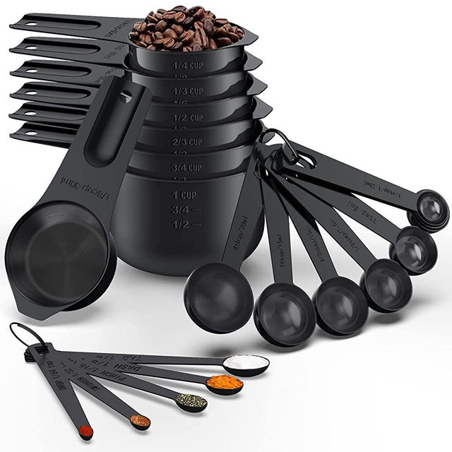 21 Pcs Stainless Steel Measuring Cups and Spoons Set, Wildone Stackable Metal Measuring Cups and Spoons for Cooking & Baking, Includes 7 Cups, 9 Spoons and 5 Mini Spoons（Black）