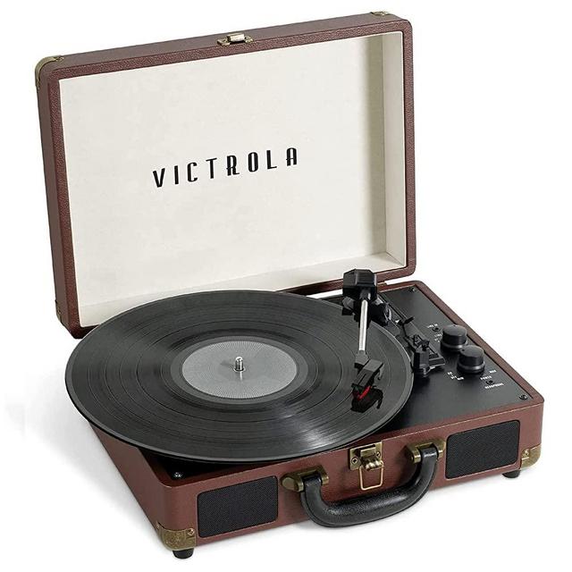 Victrola Journey+ Vintage 3-Speed Bluetooth Portable Suitcase Record Player with Built-in Speakers | Upgraded Turntable Audio Sound| Includes Extra Stylus | Dark Brown