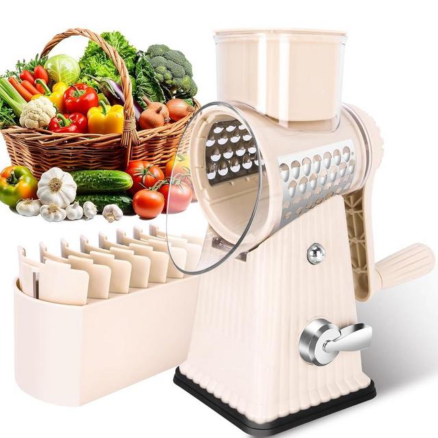 YHBRAK Rotary Cheese Grater with 5 Well-designed Blades & Strong Suction Base, Kitchen Mandoline Vegetable Slicer with Blade Storage Box(Off-white)
