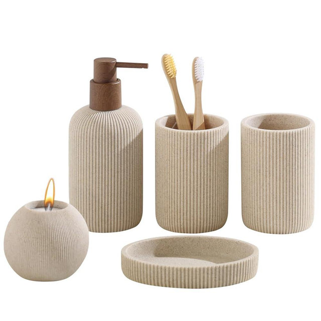 WUUAHOME Bathroom Accessories Set, 5 PCS Sandstone Look Stripe Modern Bath Organizer with Soap Dispenser, Toothbrush Holder, Tumbler, Soap Dish, Candle Holder for Countertop Kitchen Sink (Beige)