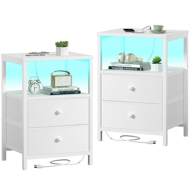 BOLUO White Nightstands Set of 2, Bedroom Night Stand Set Two Nightstand with Charging Station and LED Light, Bedside Table with 2 Fabric Drawers Modern