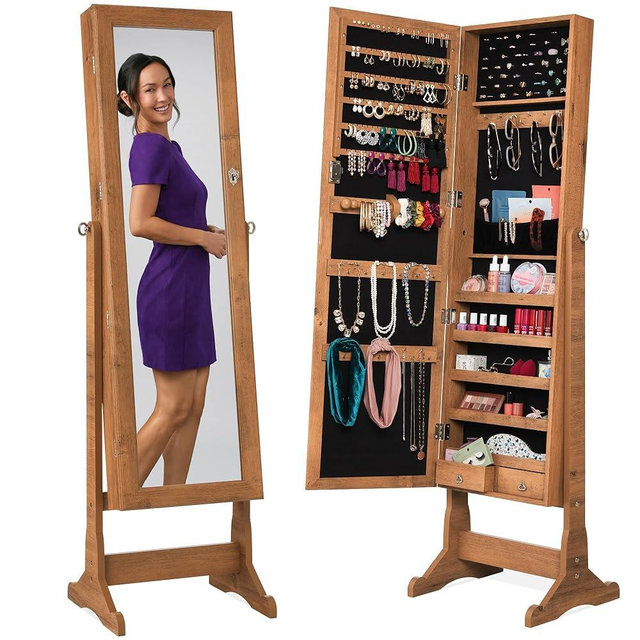 Best Choice Products Freestanding Jewelry Armoire Cabinet, Full Length Standing Mirror, Lockable Makeup Storage Organizer, w/Velvet Lining, 3 Angles, Lock, Accessory Pouch, 5 Shelves - Brown