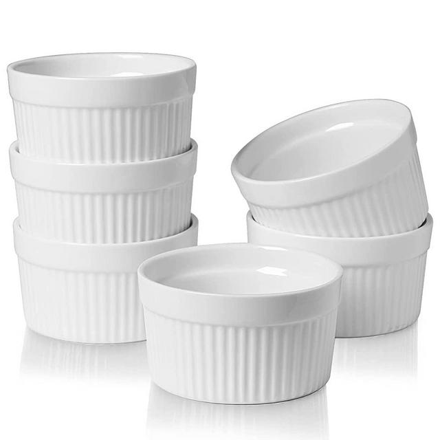 ONTUBE Ramekins - Porcelain Ramekins for Creme Brulee Dishes,Dipping Sauces,Baking Pudding Cups, Souffle Bowl,Oven Safe, Set of 6 (6OZ, White)