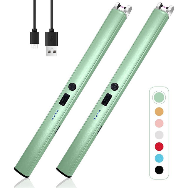 2 PCS Candle Lighter,Windproof Flameless Electric Lighter with LED Power Display ＆ Safety Switch, Upgraded Plasma USB Rechargeable Lighters for Birthday Camping BBQ (Green)