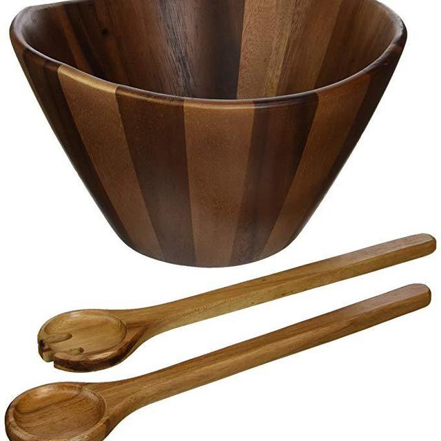 Lipper International 1174-2 3 Piece Wave Bowl with Servers, Large, Acacia, (12"), Brown