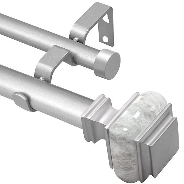 Ycolnaefllr 1 Inch Diameter Double Curtain Rods for Windows 84 to 120 inch Silver, Double Curtain Rod Set With Square Marble Finials, Brackets And Curtain Holdbacks