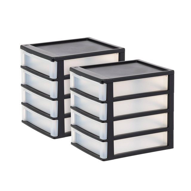 IRIS 2pk 4 Drawer Desktop Storage Unit Black: Office Storage Organizer, Plastic Desk Shelving, 12.375" Height