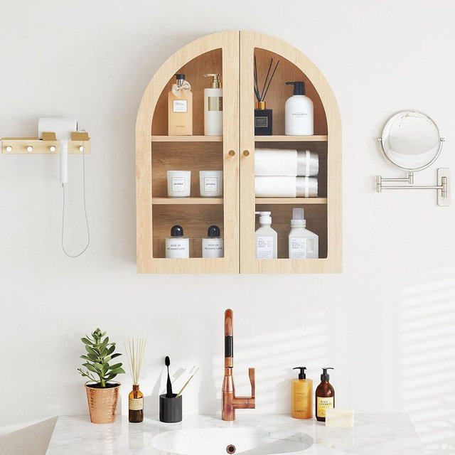 YUCHIATH Wall Bathroom Cabinet with Glass Doors, Wood Medicine Cabinet with Adjustable Shelf, Arched Hanging Cabinet for Bathroom, Livingroom, Kitchen (Natural)