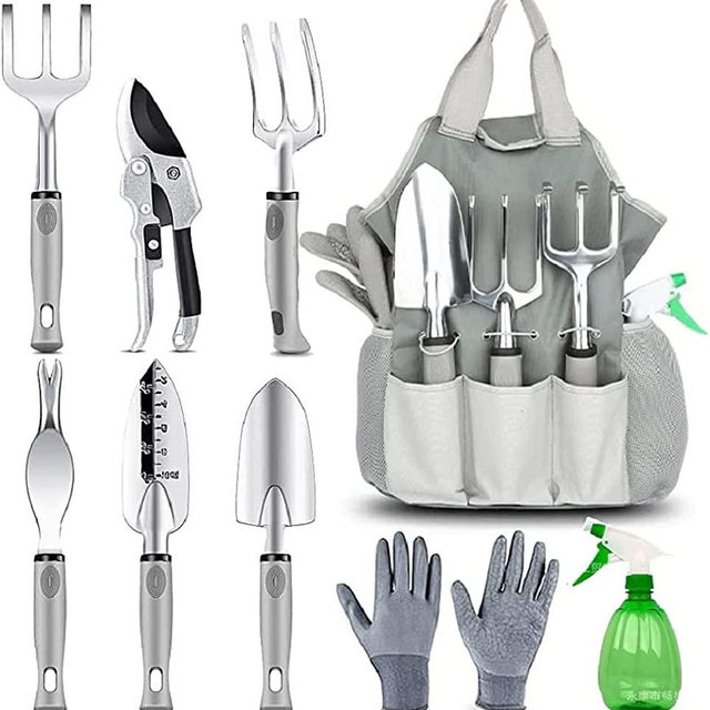 Garden Tools and Watering Set, 9-Piece Stainless Steel Heavy Duty Aluminum Alloy Hand Tool Kit with Ergonomic Handles, Comes with Gardening Gloves and Large Tote Bag with Storage Pockets (Silver)
