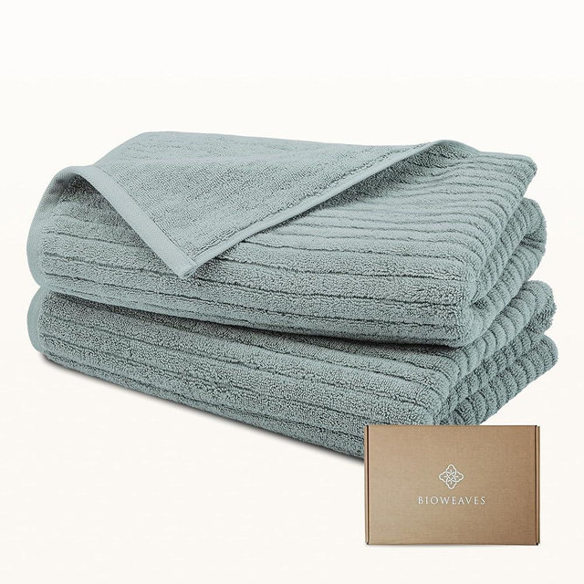 BIOWEAVES 100% Organic Cotton 700 GSM Luxury Ribbed Bath Towel Set for Bathroom 30" x 58" GOTS Certified - ICY Fjord, Pack of 2