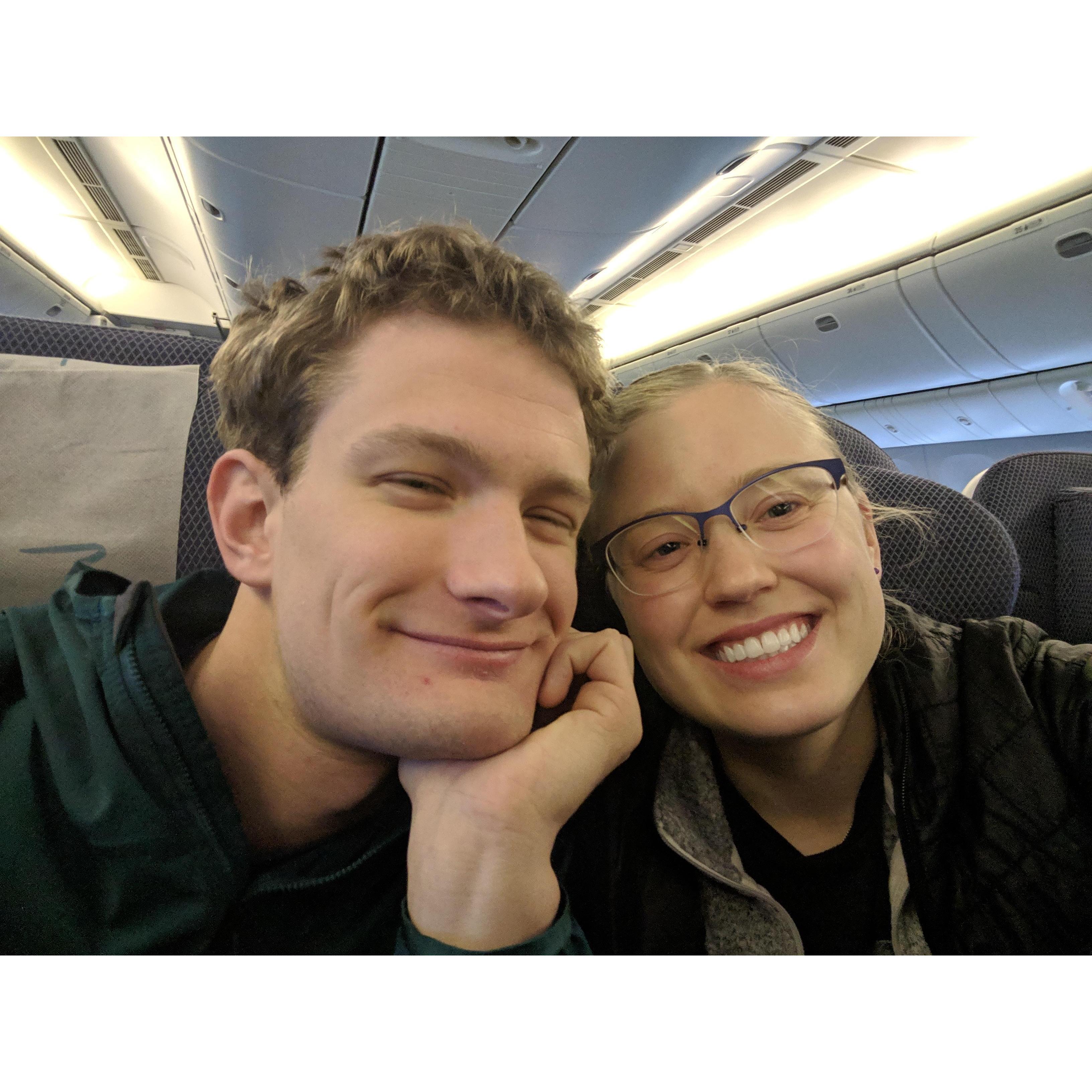 Heading to Spain (hence the sleepy faces)