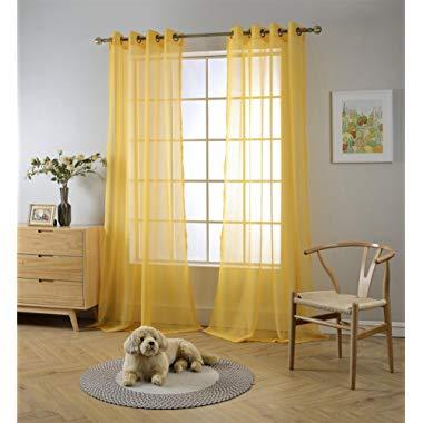 MIUCO 2 Panels Grommet Textured Solid Sheer Curtains 95 Inches Long for Windows (2 x 54 Wide x 95" Long) Yellow