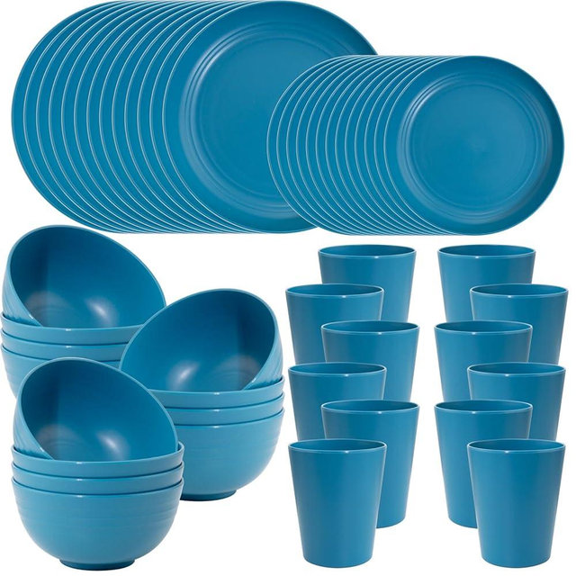 LIYH 48pcs Blue Wheat Straw Dinnerware, Plates and Bowls Set, Camping Dish Set for 12, Plastic Dinnerware Set, Dishwasher Safe Dinnerware Set, Unbreakable Plastic, Camper Dish Sets