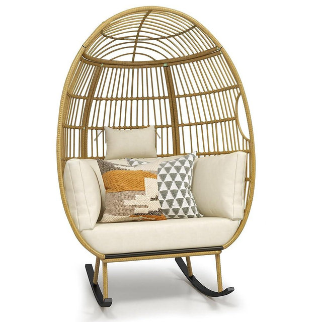 DWVO Outdoor Rocking Egg Chair, Patio Rocking Chair Oversized, 370lb Capacity, Anti-Slip, All-Weather Wicker Egg Lounger Chair for Indoor, Outside (Beige)