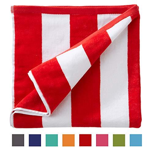 Great Bay Home Oversized Plush Velour 100% Cotton Beach Towel. Cabana Stripe Pool Towel for Adults. (Red, 40" x 70")