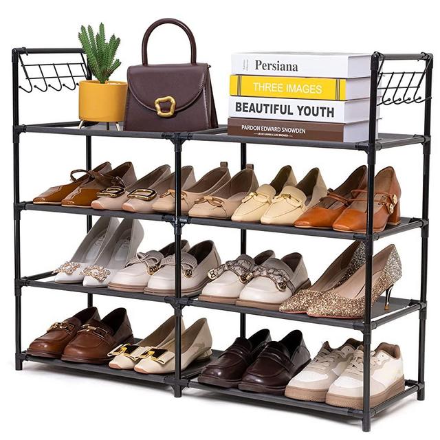 Shoe Rack, 16-20 Pairs Shoe Storage Organizer, 4 Tiers Shoe Stand, Easy Assembly Stackable Sturdy Shoe Tower with 2 Hooks, Metal Shoe Shelf for Entryway, Closet, Garage, Bedroom, Cloakroom