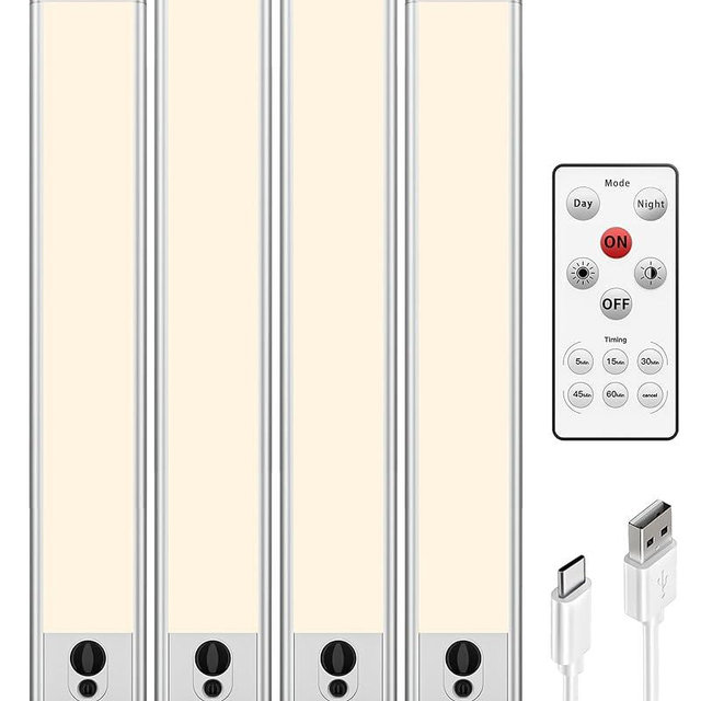 EZVALO Under Cabinet Lights, 14.5i'' Motion Sensor Light Indoor Dimmable, 4000mAh Rechargeable Closet Lights 3700K with Remote Control, Wireless Under Counter Light for Kitchen,Cabinet,Bedroom(4Pcs)