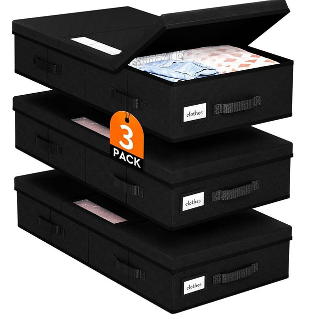 StoreHappily Under Bed Storage Containers with Lids - 3 Pack, Foldable and Stackable Clothes Storage Bags with Clear Window, 3-Sided Handles and Label Slot for Clothing, Blankets, Pillows (Black)