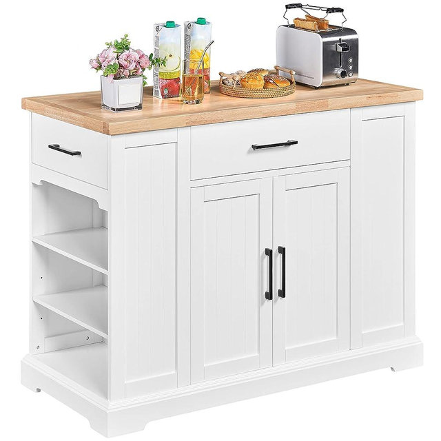 Yaheetech Rolling Kitchen Island Cart with 3 Drawers, Kitchen Storage Cabinet on Wheels with Open Shelves and Inner Adjustable Shelves for Dinning Room/Living Room, Thicker Rubberwood Top, White