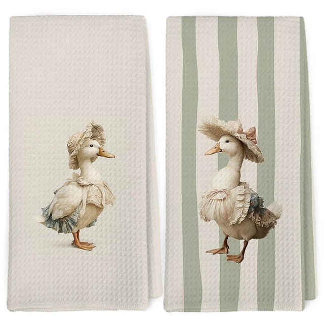 Dibor Vintage Moody Duck Kitchen Towels Dishcloth Set of 2, Farm Animal Decor Dish Towels, Coquette Duck Gifts for Women Decorative Dish Towel Hand Tea Towel for Bathroom Kitchen, 16x24 in