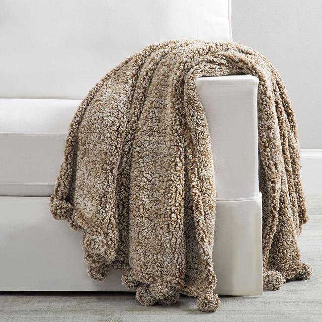 Cozy Pom Pom Sherpa Throw, 50 x 60", Heathered Mocha