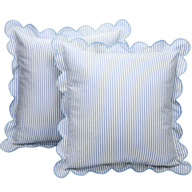 Newwiee 2 Pack Coastal Scalloped Pillow Cover 20 x 20 Inch Blue Stripe Throw Pillow Cover Cotton Decorative Pillowcase for Women Men Couch Living Room Cushion Indoor Outdoor Decoration