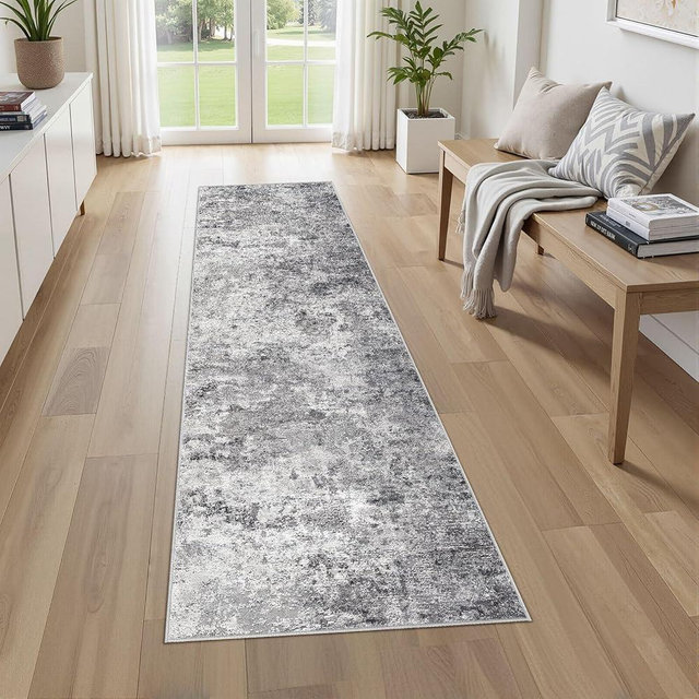UERMEI 2x8 Washable Runner Rug for Hallway, Non Slip Low Pile Kitchen Carpet, Neutral Modern Abstract Indoor Floor Mat for Entryway Laundry, Kid & Pet Safe High Traffic Area, Grey