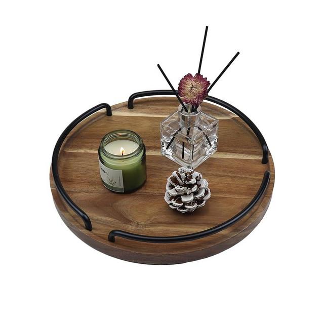 LESUTI Round Wooden Serving Tray with Handles, 12-inch Wood Tray for Living Room, Kitchen Counter, Home Decor.（Natural Color）