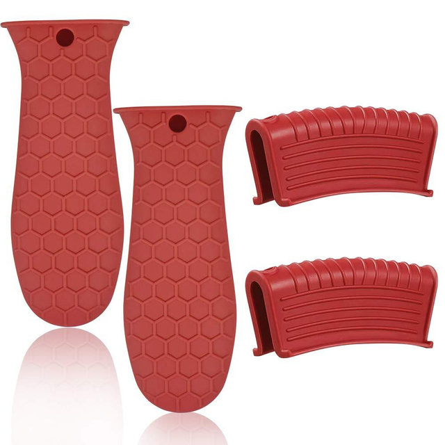 4 Pack Silicone Hot Handle Holder, Silicone Assist Handle Holder Cast Iron Skillet Handle Cover Heat Resistant Hot Pan Handle Holder for Cast Iron Pot Woks Frying Pans Griddles Skillets Oven (Red)
