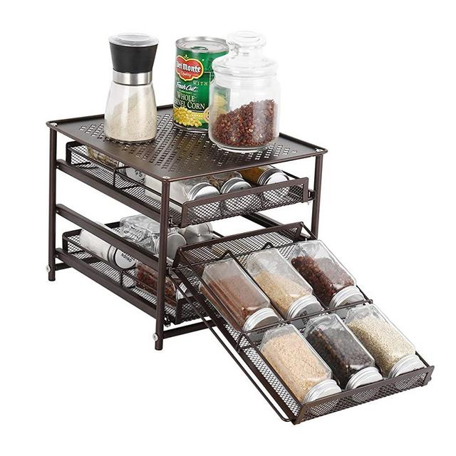 NEX 3-Tier Spice Rack 18-Bottle Standing Spice Drawer Storage Organizer for Kitchen Cabinet Countertop Dark Brown