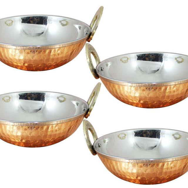Avs Stores Set of 4, Pure Copper, Stainless Steel Bowls with Solid Brass Handle Serveware Accessories Karahi Pan for Indian Food,Diameter- 7 Inches