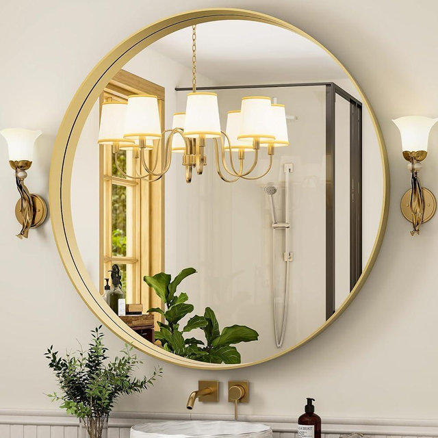 Easly 32 Inch Gold Round Bathroom Mirror - Wall Mounted Circle Mirror with Metal Frame, Modern Mirror Suitable for Bathroom, Vanity, Entryway, Living Room, Wall Decor