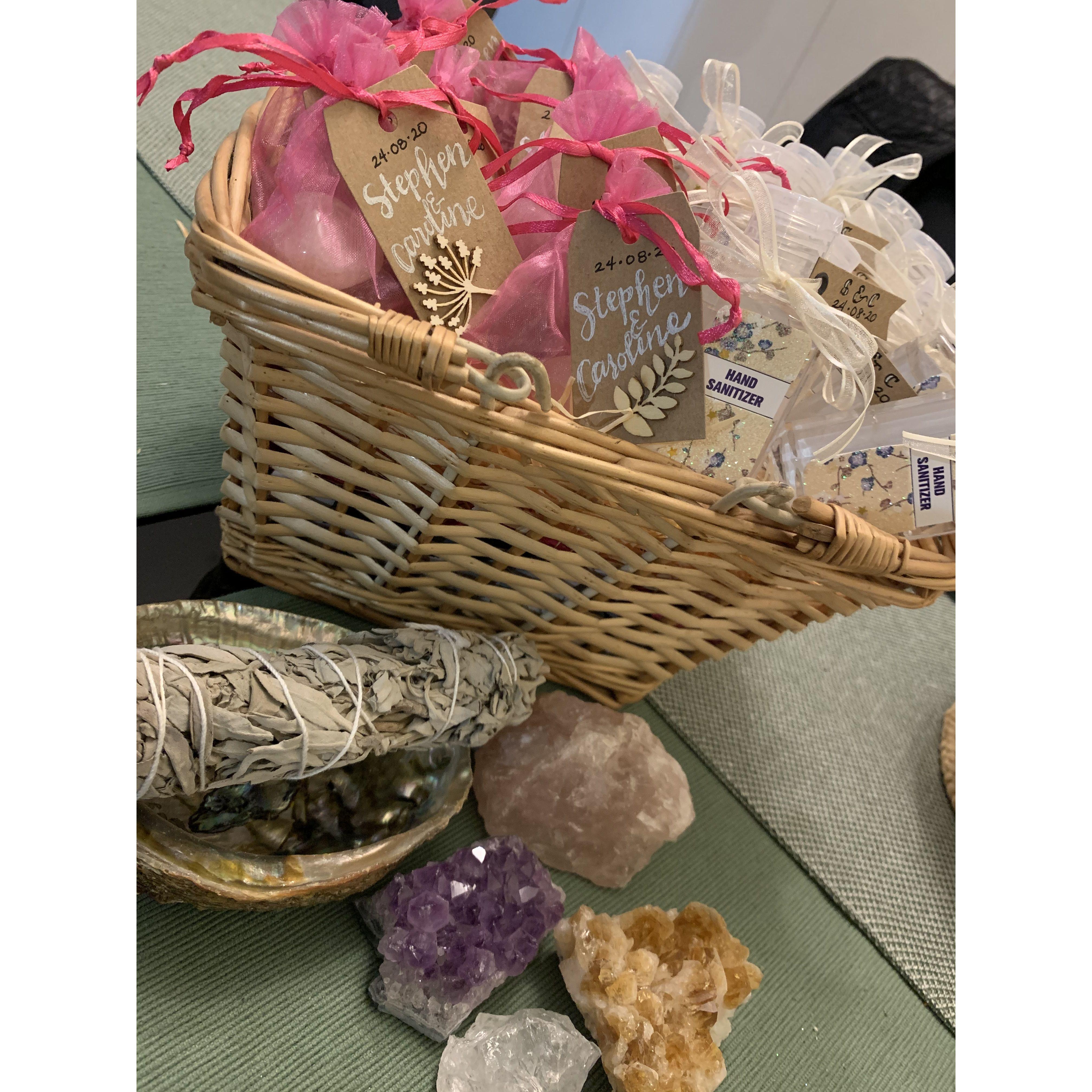 Our Covid Lockdown inspired wedding favors of hand sanitizer and a healing crystal cuz we all needed some extra good mojo back then!