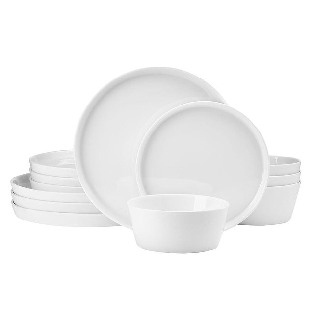 Mikasa Rylee High Rim 12 Piece Bone China Durable Chip Resistant Lightweight Dinnerware Set, Service for 4, White