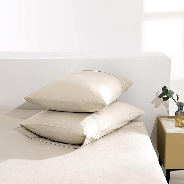 TUMEI 100% Linen Pillow Cases Queen, Set of 2 Queen Size Linen Bed Pillow Shams Cover Washed Solid Color Natural Flax Soft Breathable, (25.98"×20.08")
