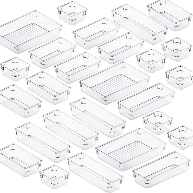 Fixwal 26pcs Clear Makeup Drawer Organizer Set 4 Size Drawer Tray Dividers Organizers Versatile Kitchen Utensil Bathroom Office Storage Divider Bin for Desk Dresser Vanity Cabinet