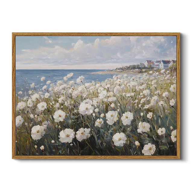 HUARCEY Vintage Coastal Wildflower Framed Canvas Wall Art 12"x16" Ocean View White Flowers, Rustic Nature Seaside Floral Landscape Painting, Spring Summer Print Cottagecore Home Decor