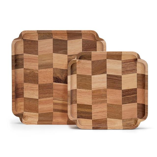 Wood Serving Trays - Set of 2 Square Serving Platters, Wooden Decorative Board Charcuterie Boards for Serving Breakfast Dinner Appetizers Coffee BBQ Party (1 x 9.6 in, 1 x 7.8 in)