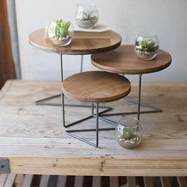 KALALOU Round Wood Topped Wire Display Risers, Set of 3, One Size, Brown, 3 Count