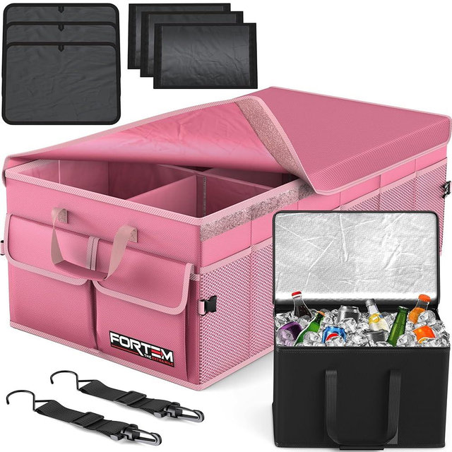 FORTEM Car Trunk Organizer with Cooler, Car Storage Organizer, Collapsible Multi Compartment Car Organizer, SUV Trunk Organizer, Non Slip Bottom, Adjustable Straps Soft Cover 105L (Pink, XX-Large)