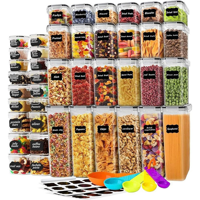 stusgo 42 Pack Airtight Food Storage Containers with Lids, Plastic Kitchen and Organization Canisters for Cereal, Flour and Sugar, Includes Spoons, Labels and a Pen