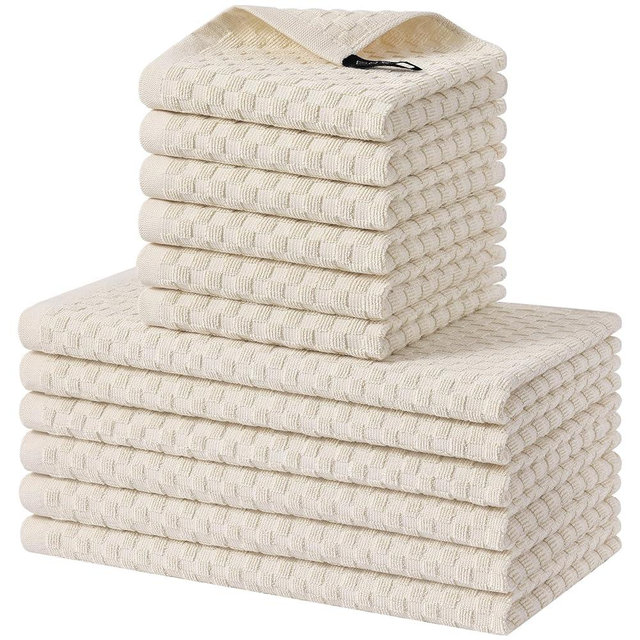 Homaxy 100% Cotton Kitchen Towels and Dishcloths Set, 12 x 12 & 15 x 25 Inches, Set of 12 Bulk Terry Cloth Dish Towels, Super Soft and Absorbent Hand Towel with Hanging Loop, Beige