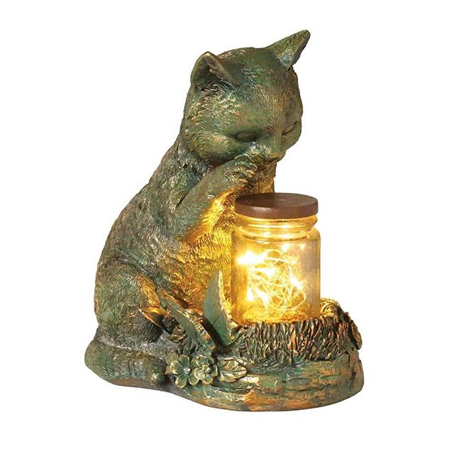 WHAT ON EARTH Lighted Kitten Sculpture - Solar LED Light-up Cat with Jar of Fireflies Garden Statue Lawn Ornament Yard Decor