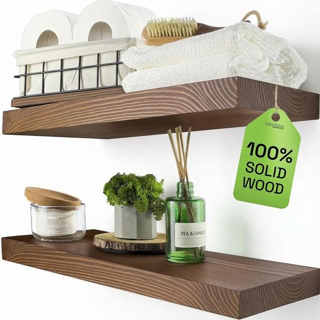 BAOBAB WORKSHOP Wood Floating Shelves for Wall 20 Inch, Solid Real Wooden Bathroom Shelf, Heavy Duty Wall Shelf Mounted 20 in Kitchen Rustic Farmhouse, Walnut Floating Shelves, 20W × 6.7D, Set of 2