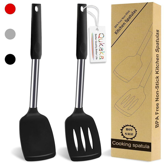 2 pack silicone spatula set,Solid & Slotted spatulas silicone heat resistant,turner spatulas for kitchen use,Rubber Spatulas for Fish, Eggs, Pancakes, WOK, silicone cooking utensils