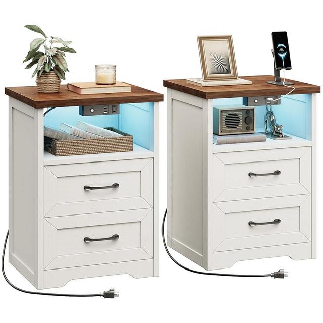 AODK Farmhouse Nightstand Set of 2, Side Tables with Charging Station & LED Lights, End Tables with Two Drawers and Open Storage, Rustic Beside Tables for Bedroom, Rustic White & Walnut