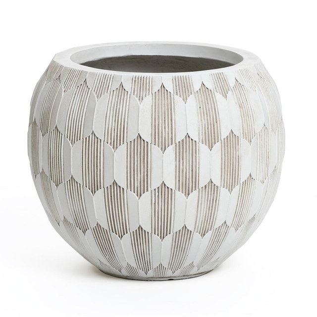 LuxenHome 14" Dia Round Concrete Planter Indoor Outdoor Large Plant Pot with Drainage Hole and Plug Modern Geometric Pattern Flower Pot White