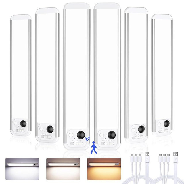 RUIKORING 8.5" Under Cabinet Lighting 6 Pack, 3 Colors, Motion Sensor Light Indoor,48 LED Rechargeable Closet Lights, Dimmable Under Counter Lights, Stick-On Magnetic Cabinet Night Lights for Kitchen
