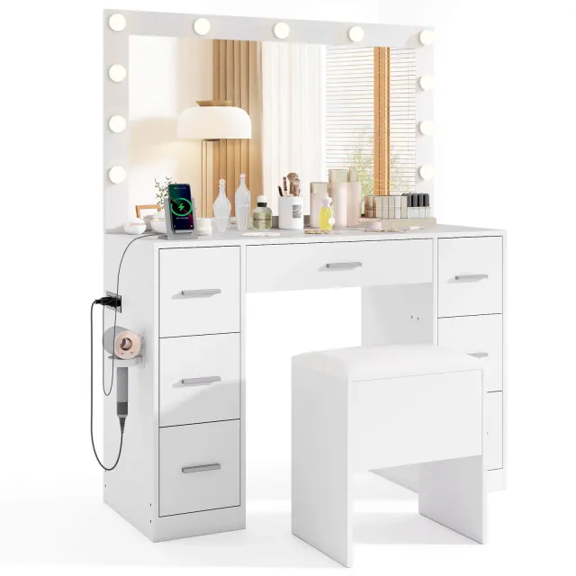 Costway Vanity Desk with Mirror and Lights Storage Stool Power Outlets 3 Lighting Colors
